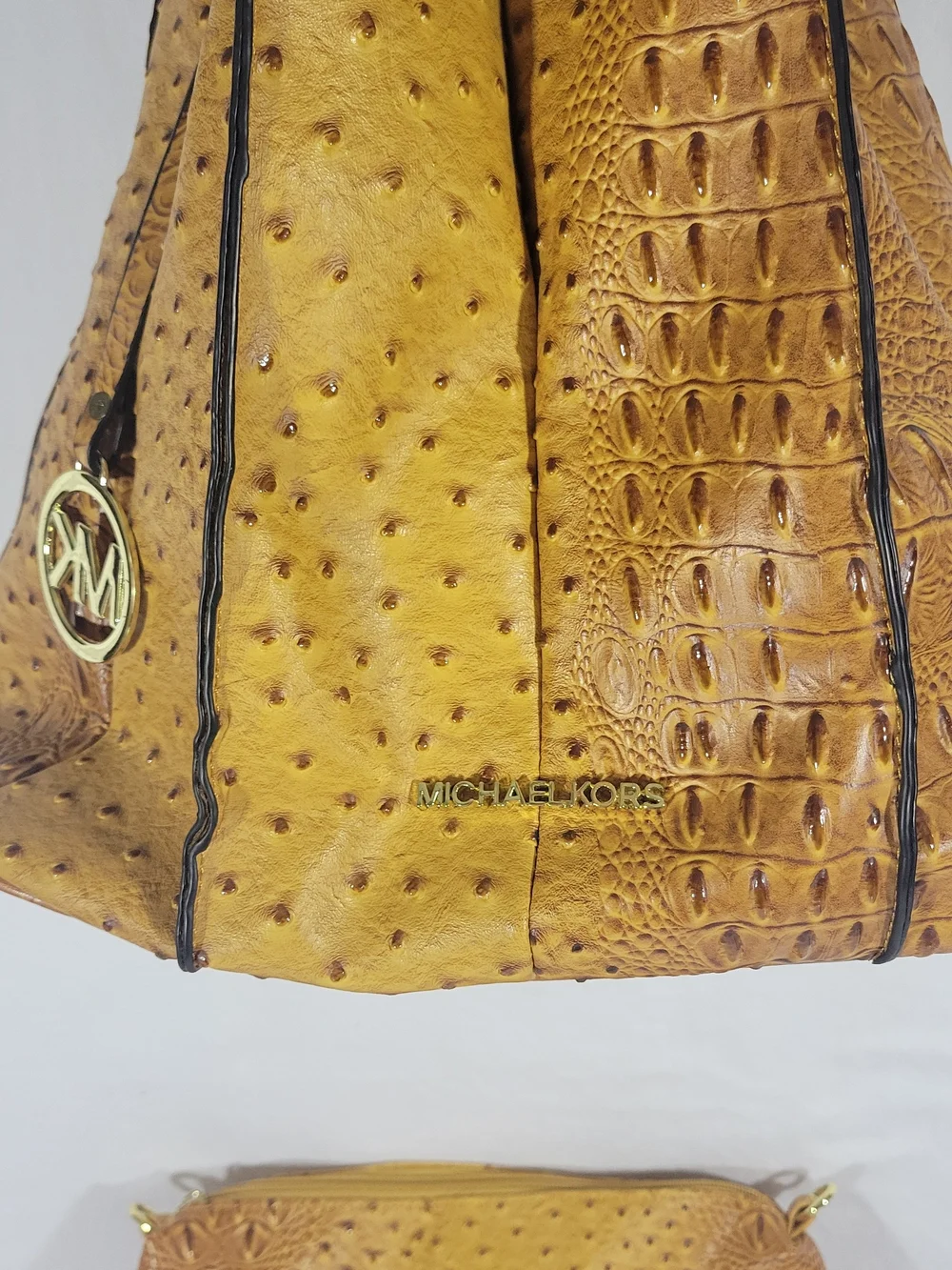 Michael Kors Tan Croc & Ostrich-Texture Drawstring Shoulder Bag